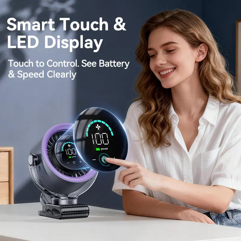 4000Mah Rechargeable Portable Clip on Fan-100-Speed Touch Control, LED Display, 360° Rotate Quiet Turbo Desk Fan, Small Battery Operated USB Fan for Stroller Bed Travel Camping Golf Gym