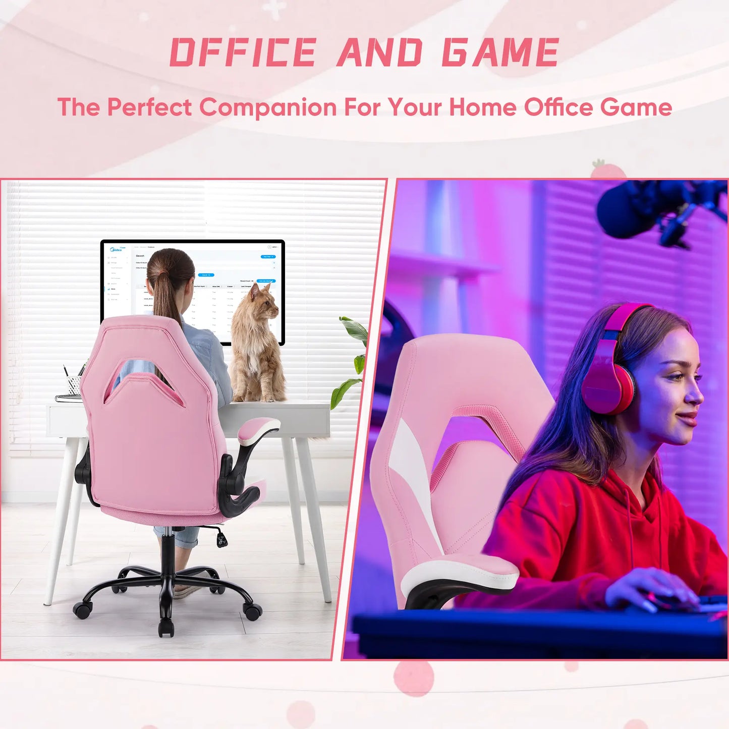 Gaming Chair ,PU Leather Ergonomic Office Chair Swivel Computer Gaming Chair with Lumbar Support - Pink
