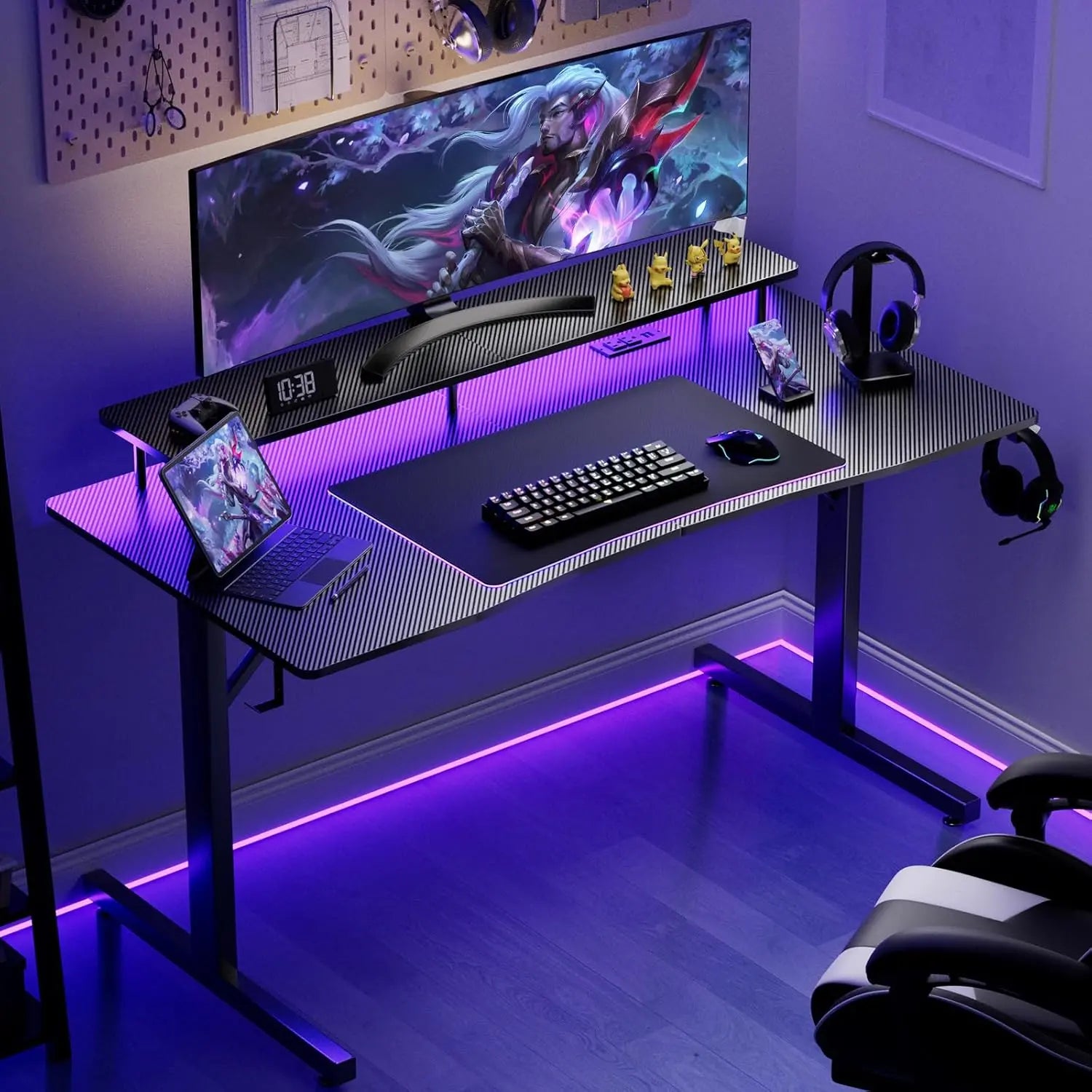 GTRACING 55 Inch Gaming Desk with Ergonomic Monitor Stand & RGB Lighting Carbon Fiber Surface Power Outlets Mouse Pad LED Lights for Home Office Modern Style