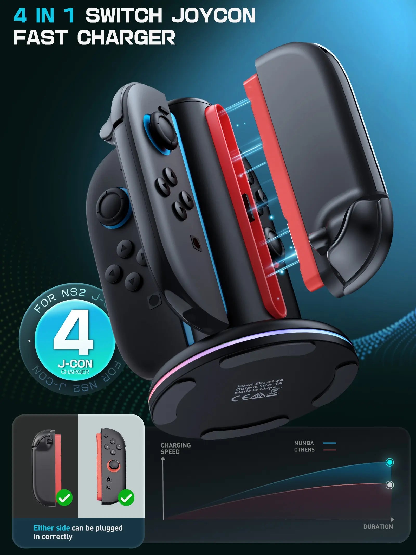 Mumba 4-In-1 Fast Charging Dock for Nintendo Switch Console - Wireless Gaming Controller Connector, 2 Joy-Con Chargers, Magnetic Weighted Base, Bi-Directional Design, LED Indicators, Overcharge Protection