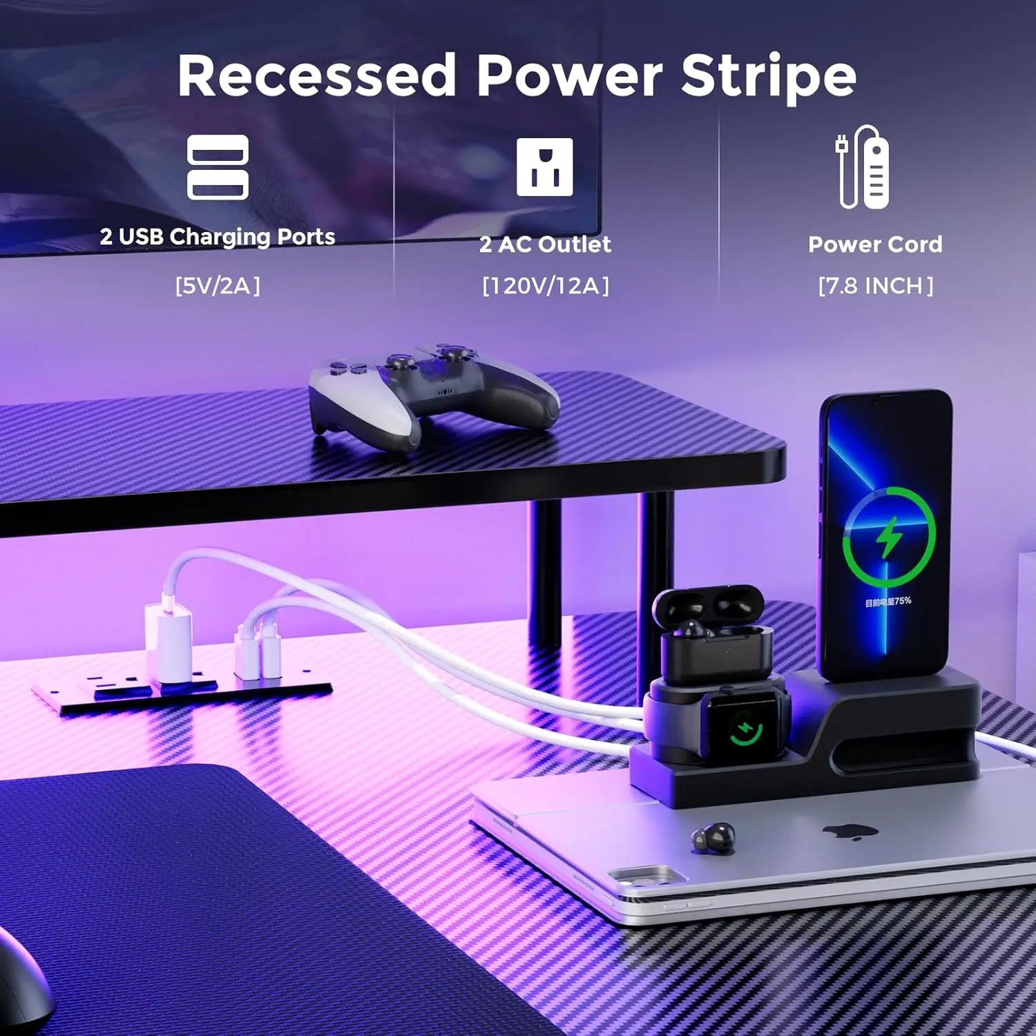 GTRACING 55 Inch Gaming Desk with Ergonomic Monitor Stand & RGB Lighting Carbon Fiber Surface Power Outlets Mouse Pad LED Lights for Home Office Modern Style