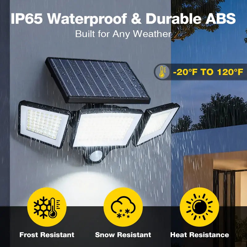 Solar Motion Sensor Outdoor Light 3-Head 216 LED Security Floodlight with Remote Control IP65 Waterproof Adjustable Wall Lamp Solar Powered Exterior Light for Garden Garage Yard Porch Driveway